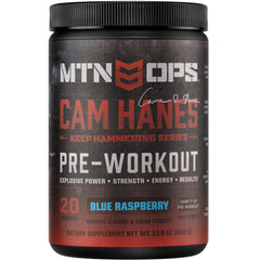 MTN OPS Yeti pre-workout bottle with blue raspberry flavor for clean energy during training