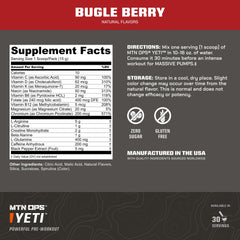 Close-up MTN OPS Yeti label highlighting creatine and BCAAs for performance.