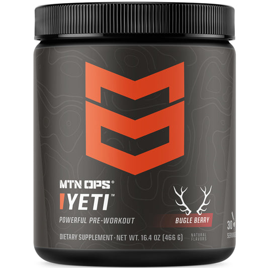 MTN OPS Yeti pre-workout tub front view with Bugle Berry for sustained energy.