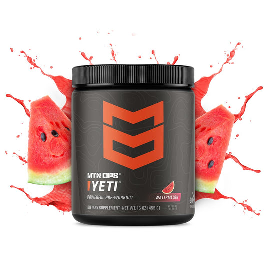 MTN OPS Yeti pre-workout watermelon tub back highlights ingredients for performance support.