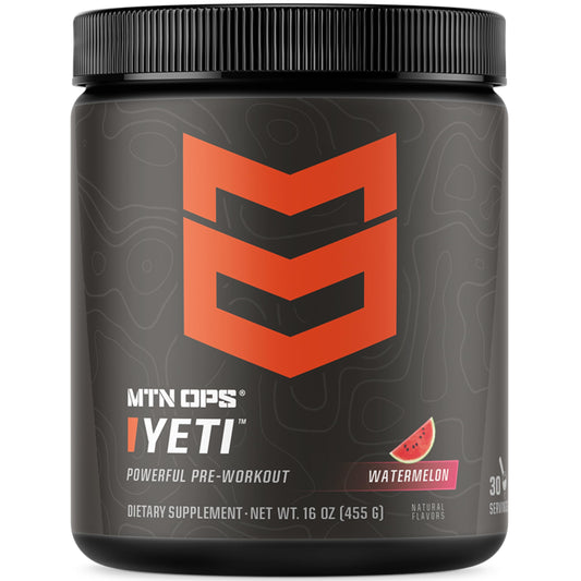 MTN OPS Yeti pre-workout watermelon tub front for sustained energy and focus.