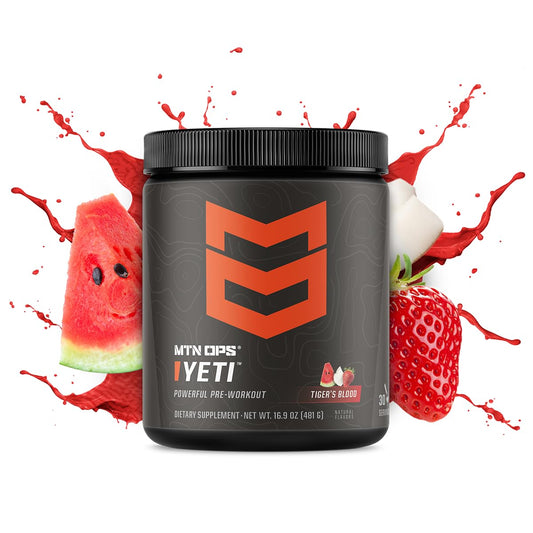 MTN OPS Yeti pre-workout tub back with zero sugar and gluten-free nutrition highlights