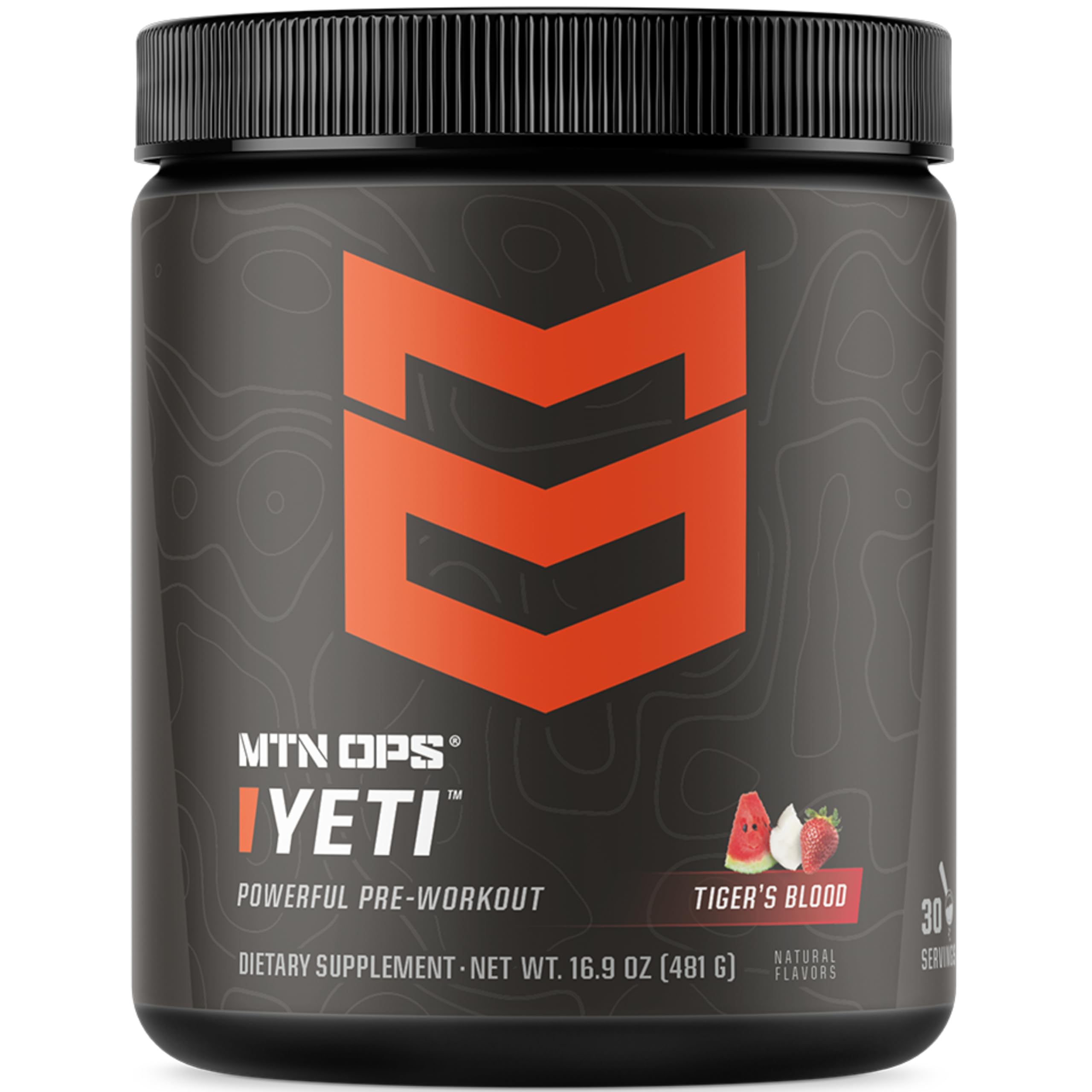 MTN OPS Yeti pre-workout tub front showing Tiger's Blood packaging for energized training