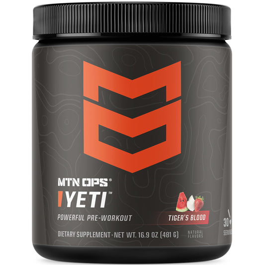 MTN OPS Yeti pre-workout tub front showing Tiger's Blood packaging for energized training
