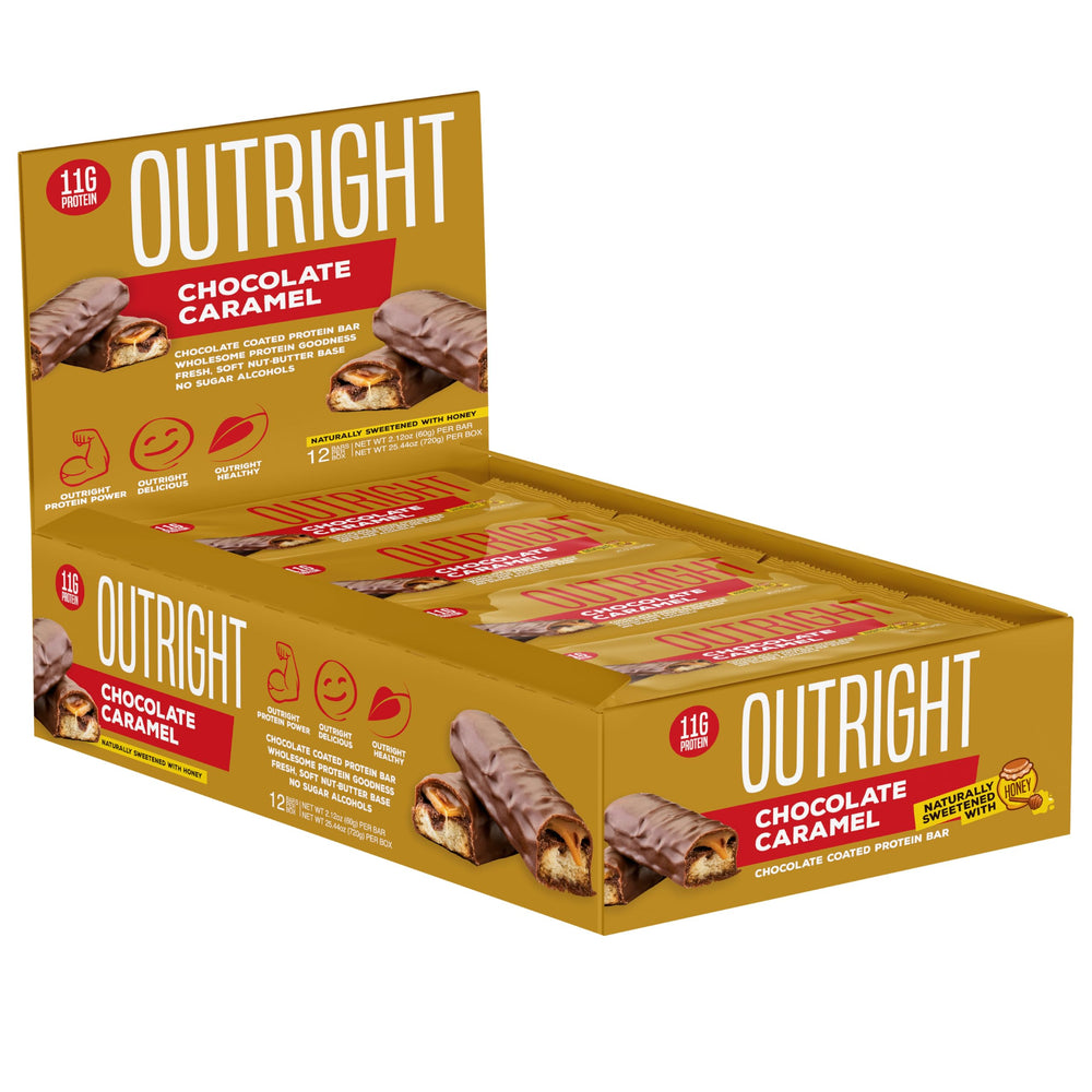 MTS Outright Bar Chocolate Caramel pack, a protein-rich snack for on-the-go meals.