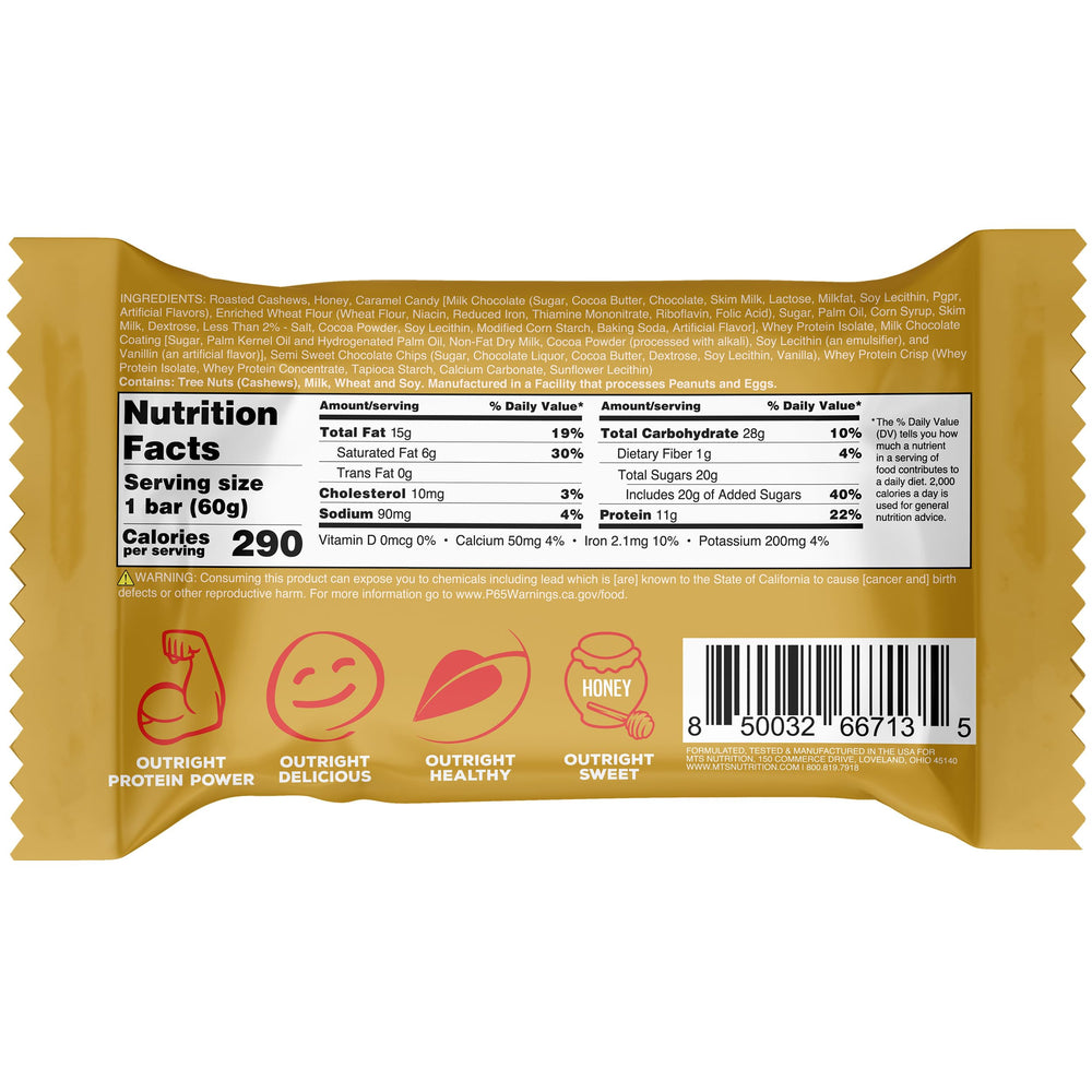 MTS Outright Bar Chocolate Caramel unwrapped, ideal for a quick energy boost.