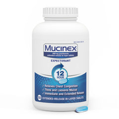 Mucinex 12 Hour tablet being poured for long-lasting mucus management.