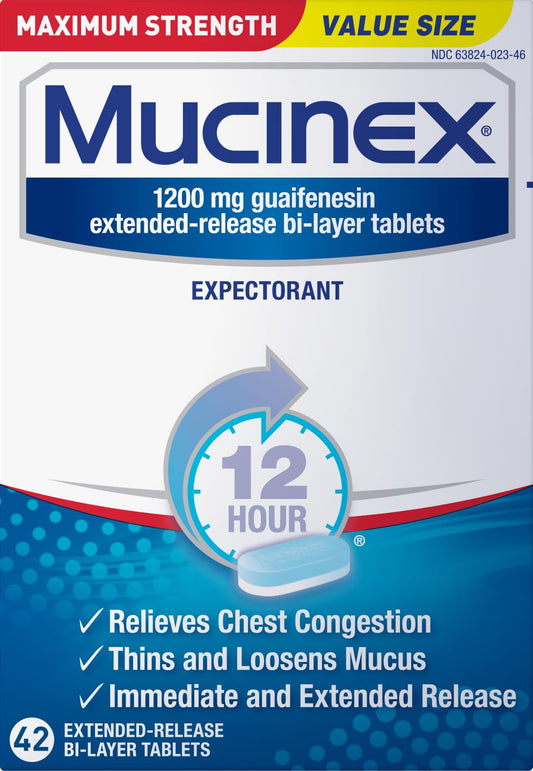 Mucinex 12 Hour balance bottle pour showing extended chest congestion relief.