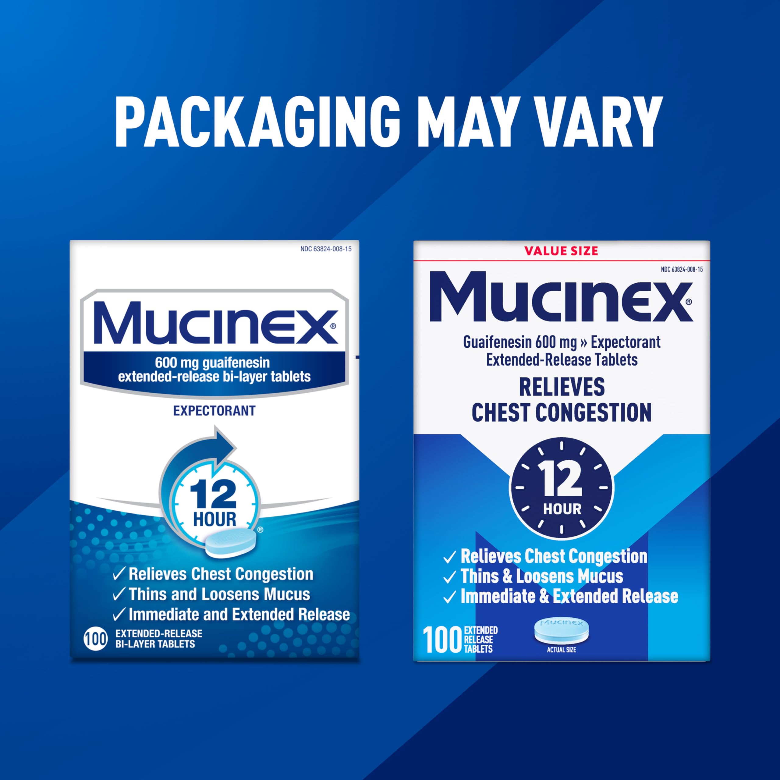 Mucinex 12 Hour dosed tablets with glass shows form factor for easy dosing.