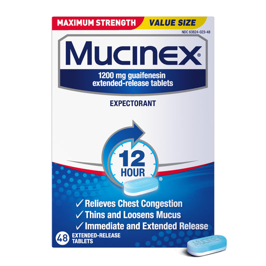 Mucinex 12hr max strength bottle shown for long-lasting mucus relief