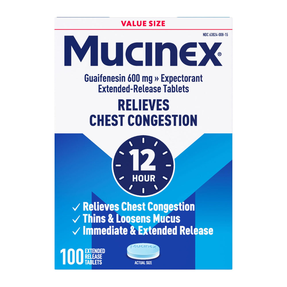 Mucinex 12 Hour relief bottle closeup showing extended-release tablets for chest congestion relief.