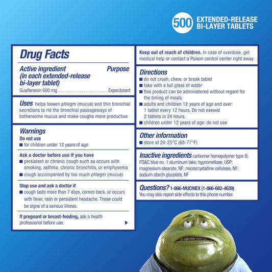 Mucinex bilayer tablet front view for fast-acting, extended relief.