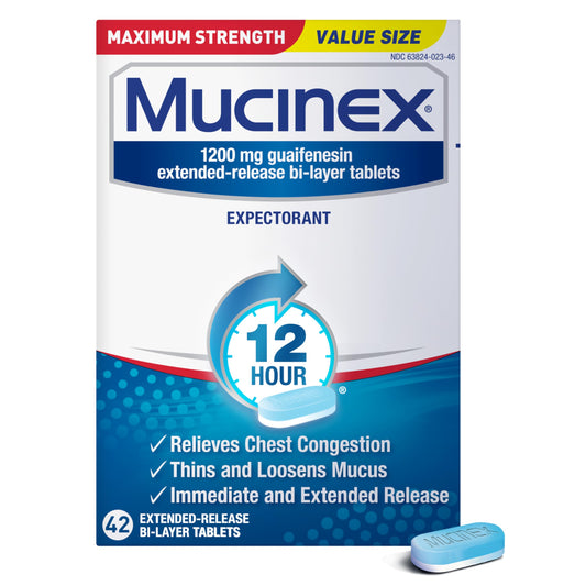 Mucinex bottle showing chest congestion relief with 12-hour action.