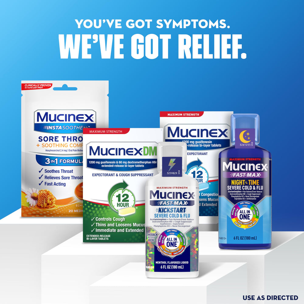 Mucinex bottle with pills front view indicates extended dosing for day long comfort