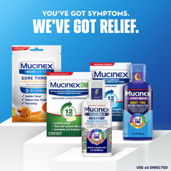 Mucinex bottle with pills front view indicates extended dosing for day long comfort