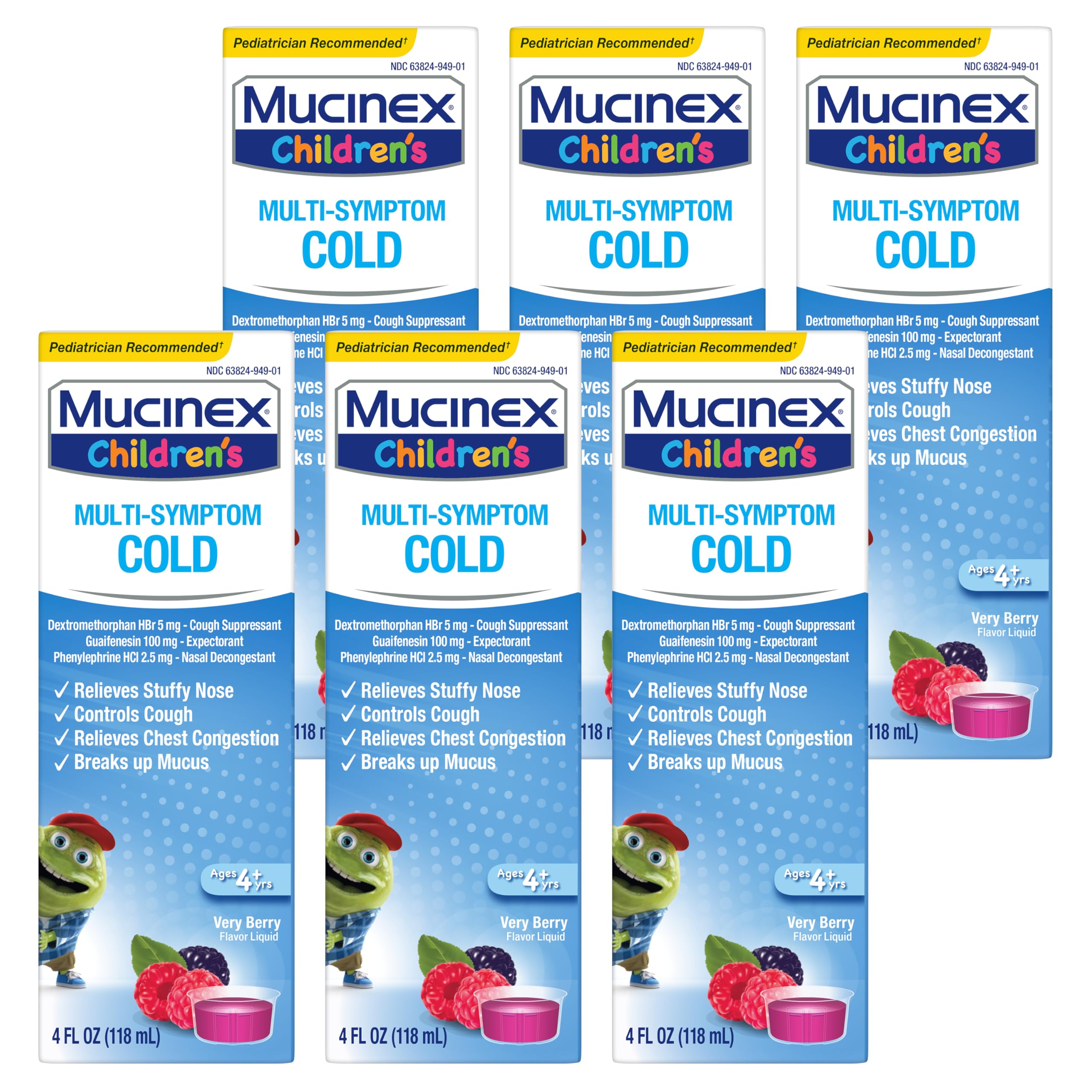 Mucinex Children’s Multi-Symptom Liquid berry bottle with dosing cup for nasal and chest relief