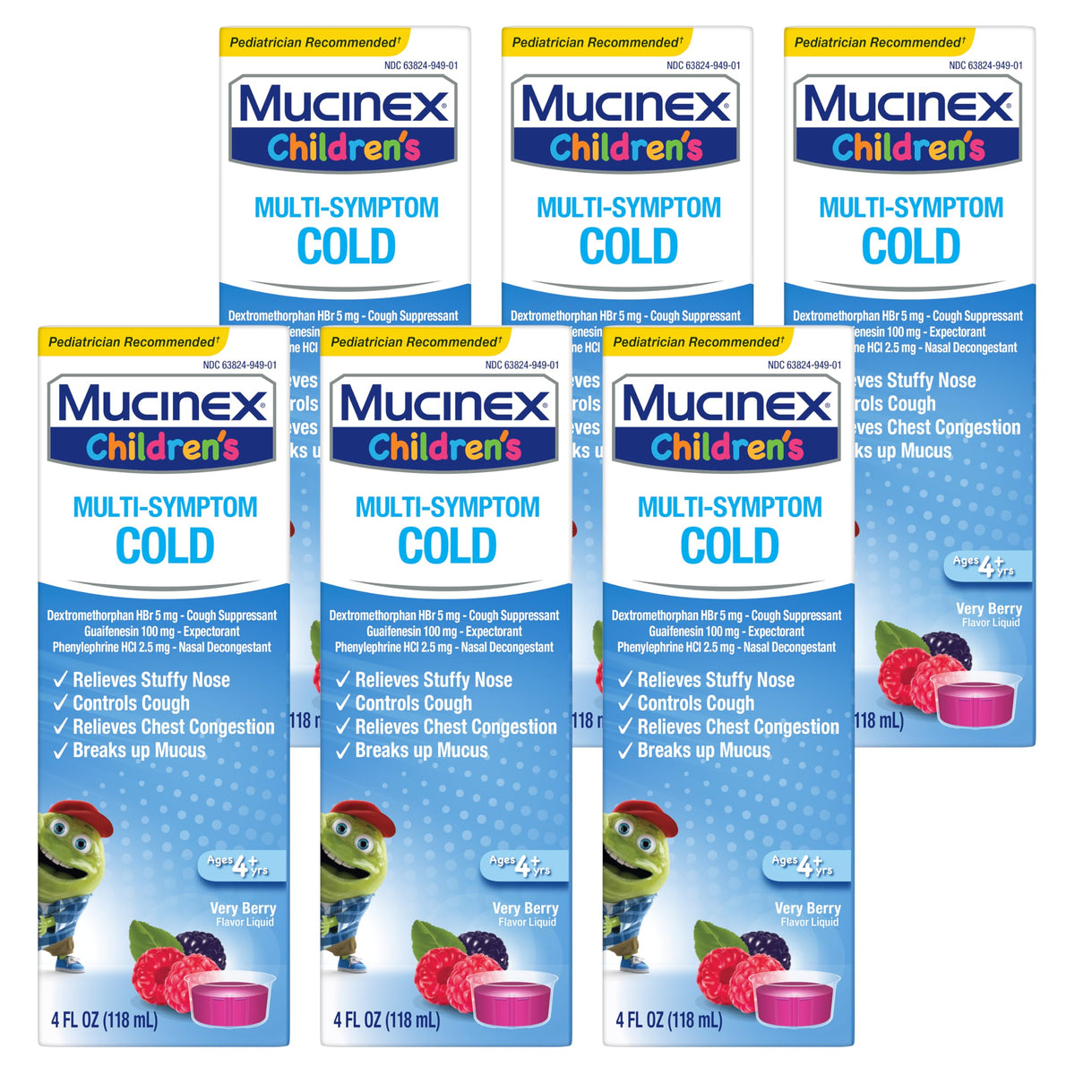 Mucinex Children’s Multi-Symptom Liquid berry bottle with dosing cup for nasal and chest relief