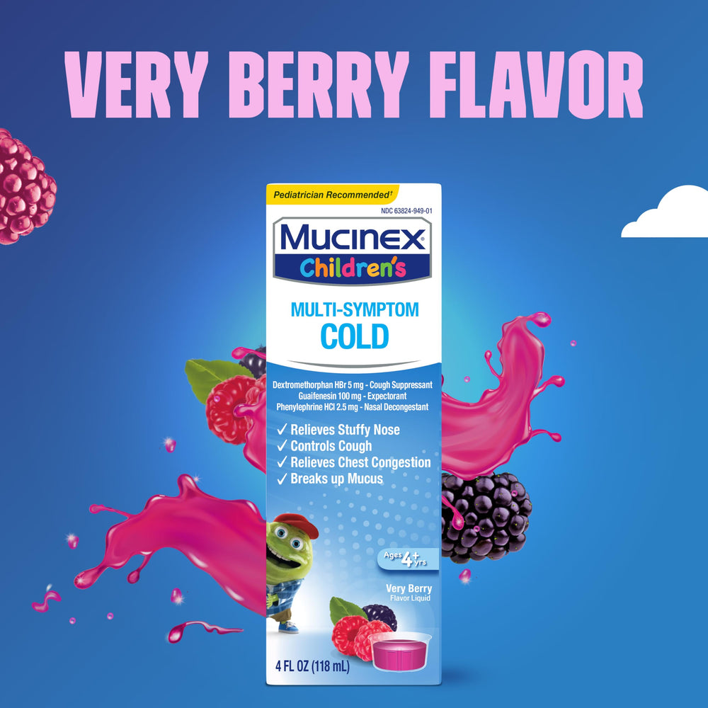 Mucinex label side view emphasizing kid-friendly, berry-flavored formula
