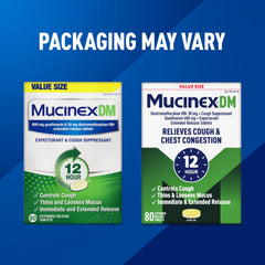 Mucinex DM 12hr bottle on nightstand suggesting bedtime relief for nighttime congestion.