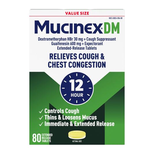 Mucinex DM 12hr bottle packshot illustrating extended-release tablets for chest congestion relief.
