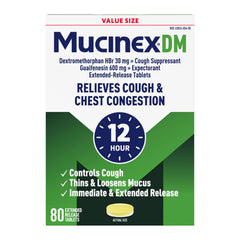 Mucinex DM 12hr bottle packshot illustrating extended-release tablets for chest congestion relief.