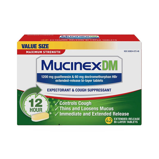 Mucinex DM 12 Hr Max Strength bottle front view with dosage label
