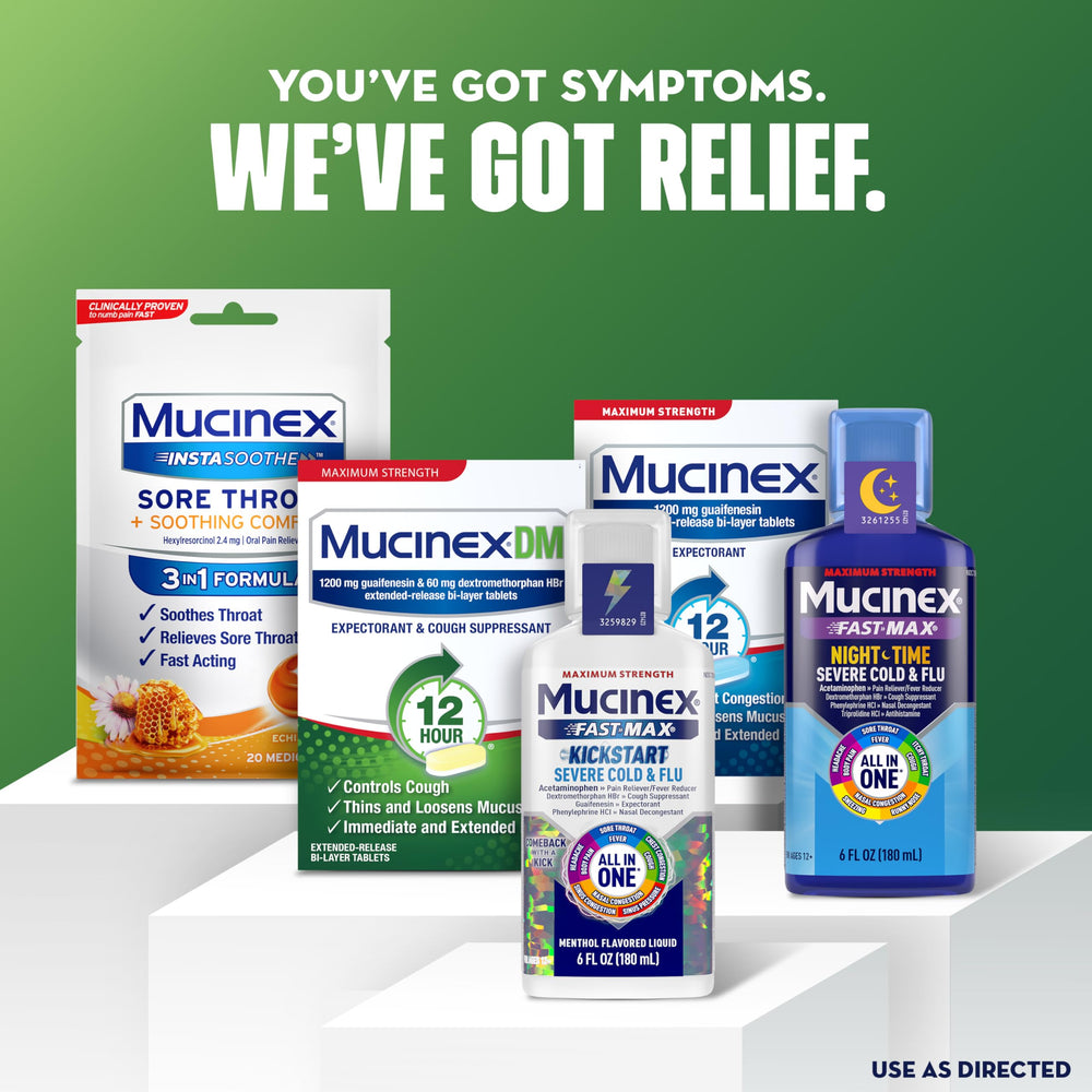 Mucinex DM 12hr package in use depicting adults taking tablets at home.
