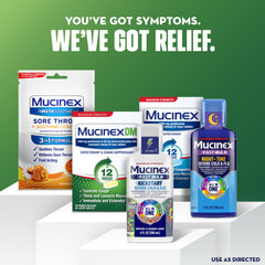 Mucinex DM 12hr package in use depicting adults taking tablets at home.
