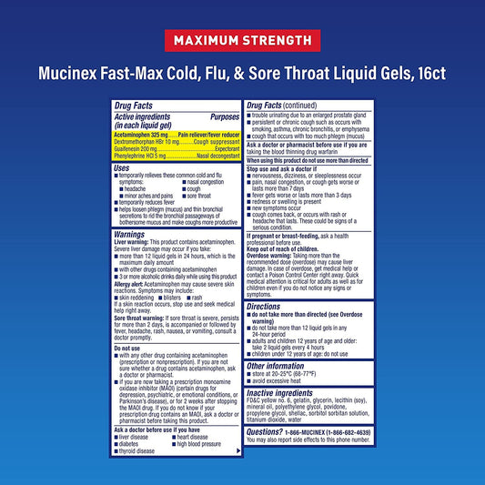 Back label on Mucinex Fast-Max bottle shows dosing and safety information