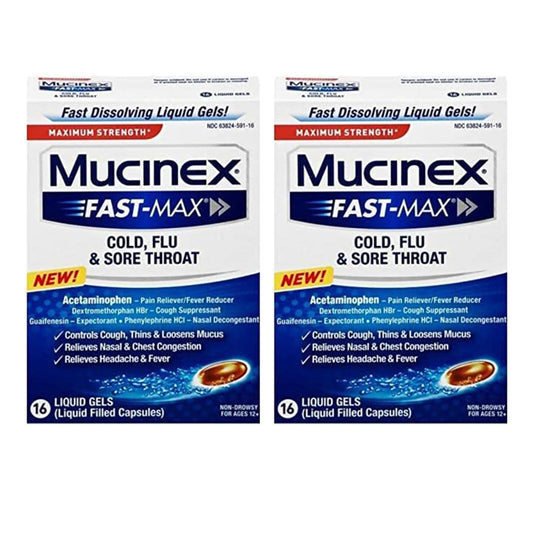 Front view of Mucinex Fast-Max bottle highlights multi-symptom relief