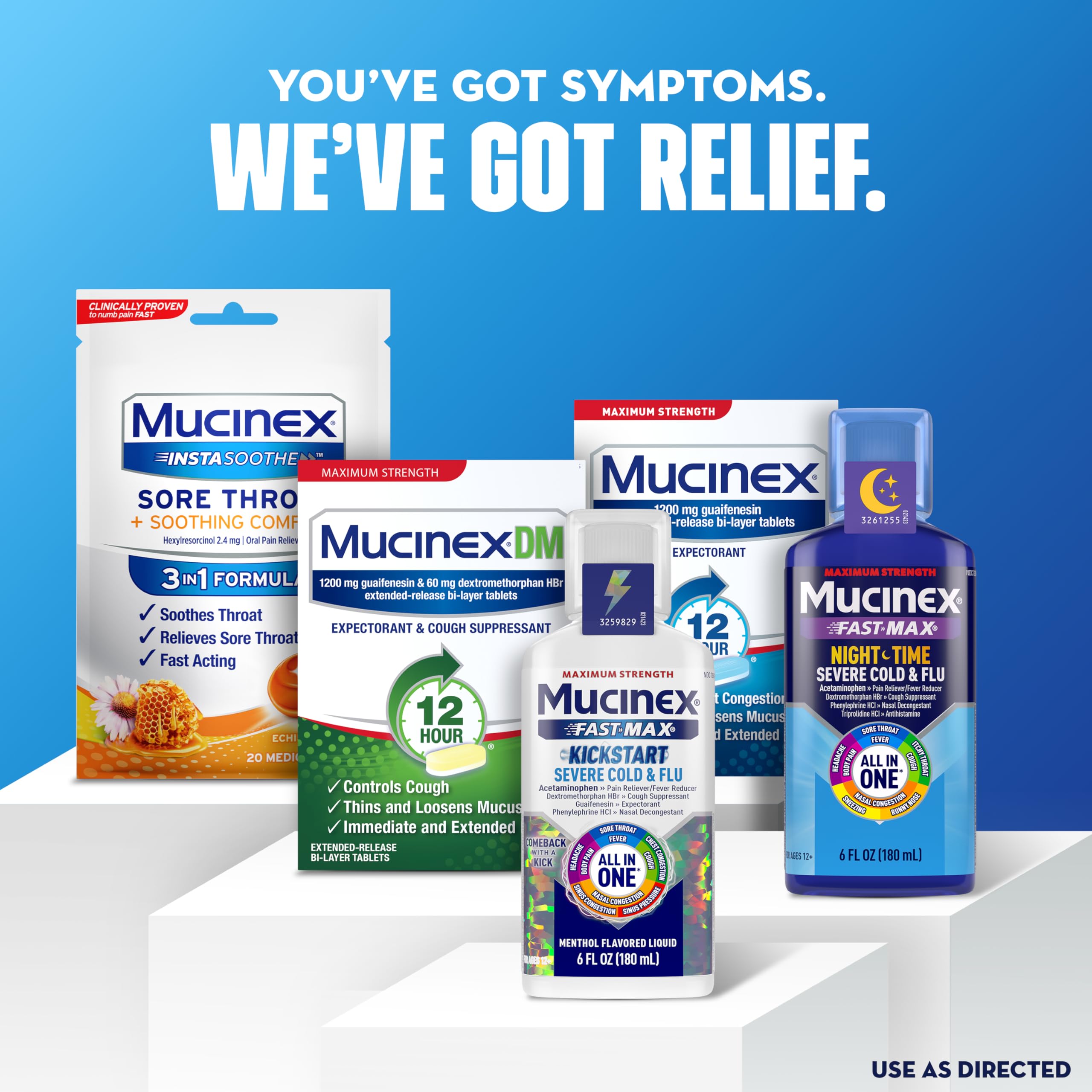 Close-up of Mucinex label showing dosage and usage guidance.