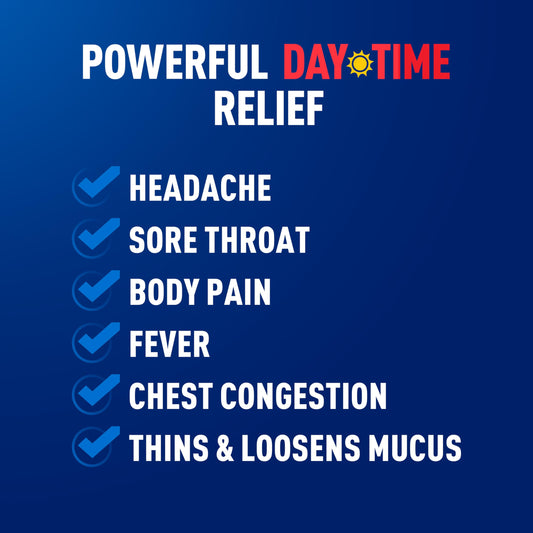 Mucinex Rapid Clear daytime caplets mucus relief image demonstrates thinning mucus for productive cough.