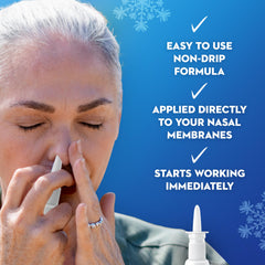 Mucinex Sinus-Max nozzle close-up delivering targeted nasal relief.