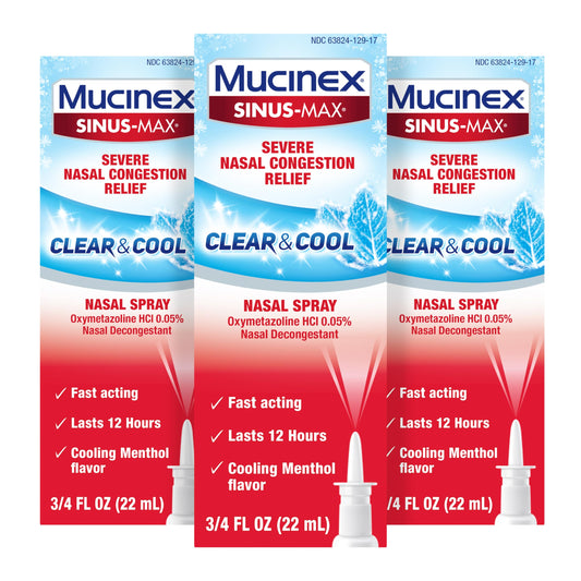 Mucinex Sinus-Max packaging shows three bottles for convenient relief.