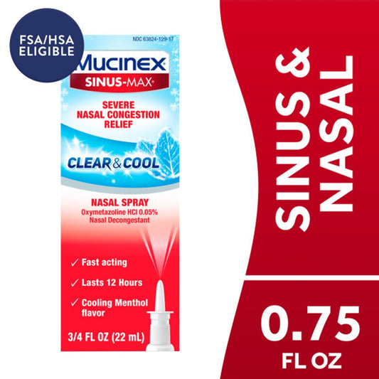 Close-up of Mucinex Sinus-Max Severe nasal spray application.