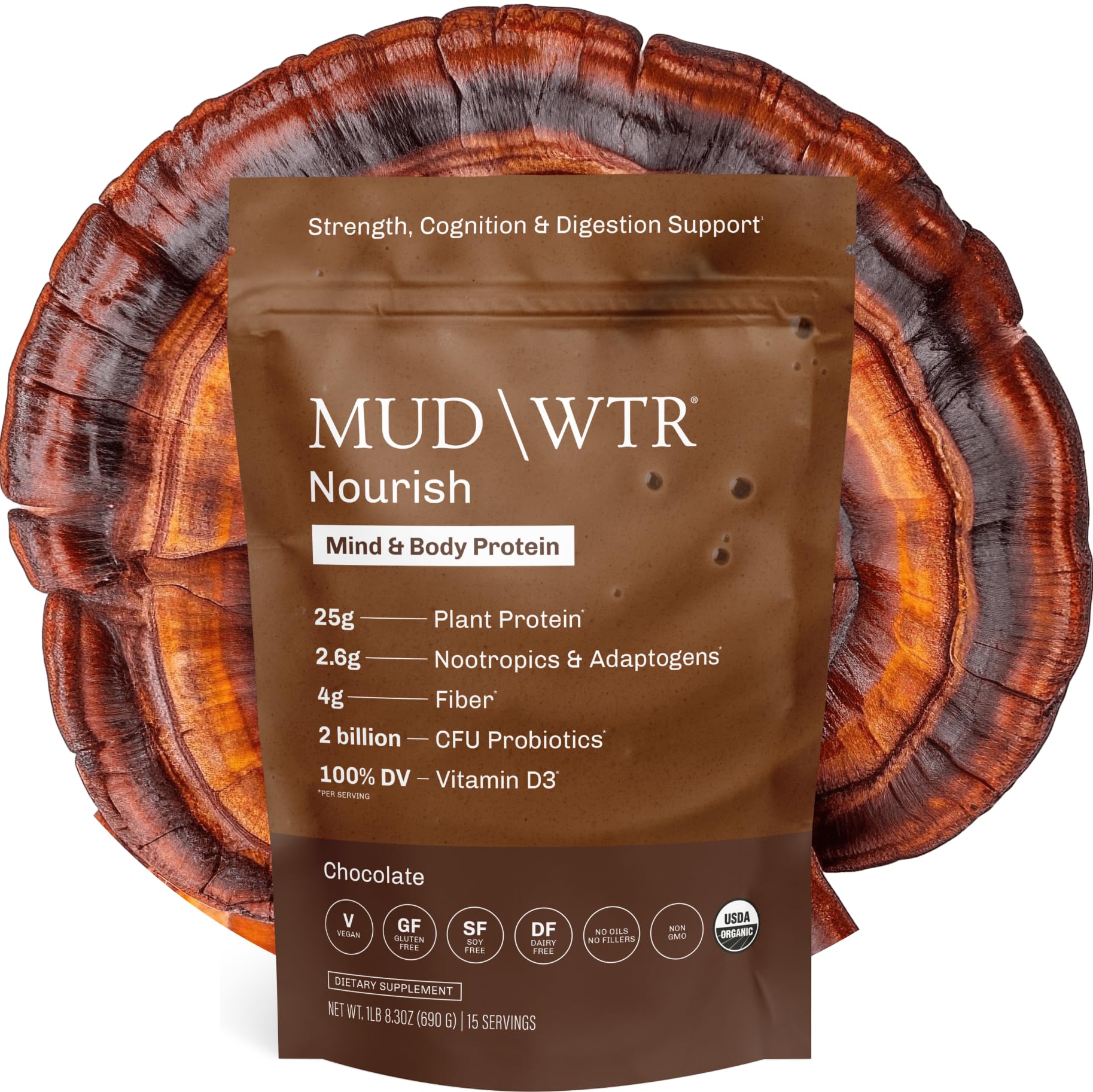 MUDWTR Nourish chocolate shake glass highlights protein boost for workouts