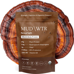 MUDWTR Nourish chocolate shake glass highlights protein boost for workouts