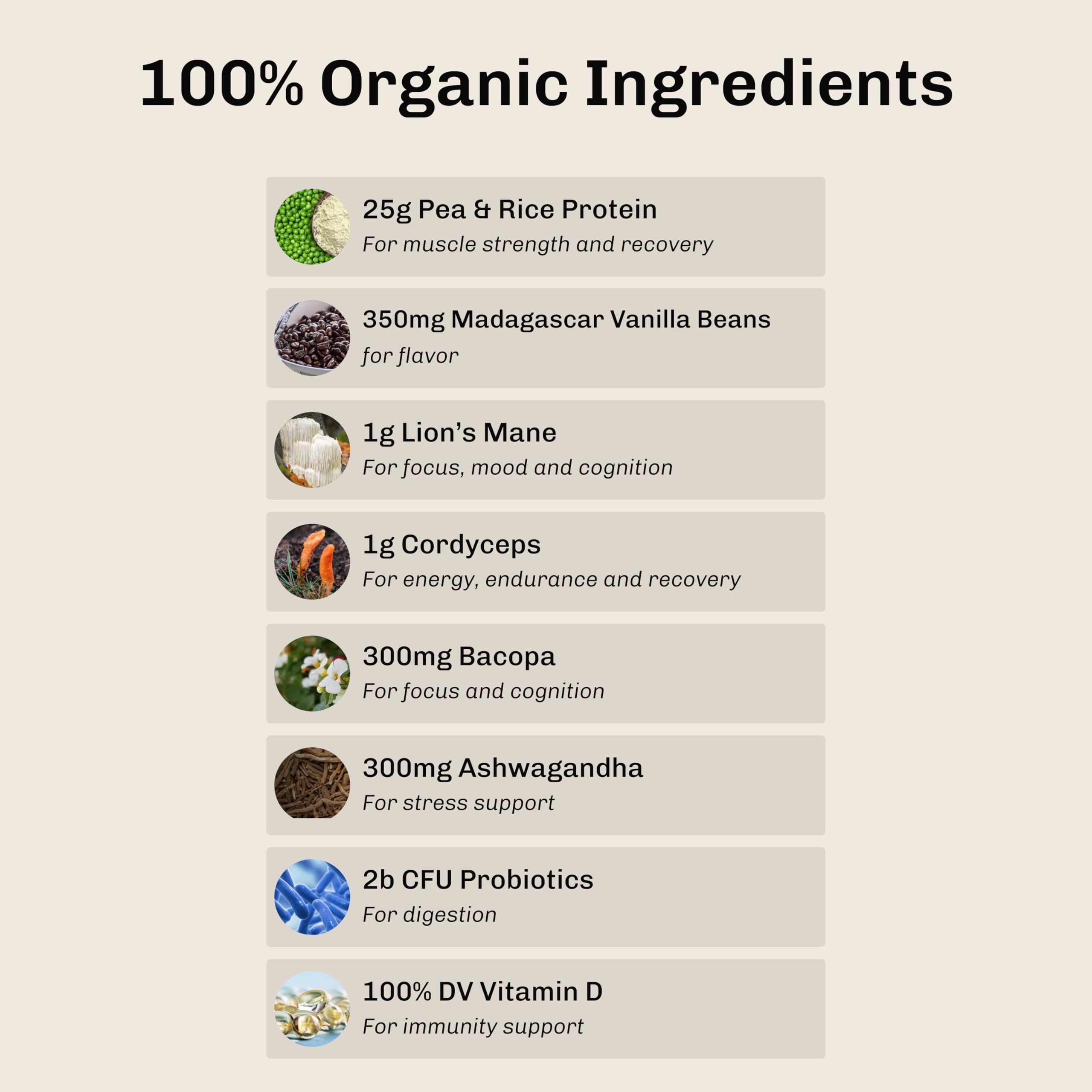 MUDWTR Nourish vanilla ingredients panel highlights adaptogens and probiotics