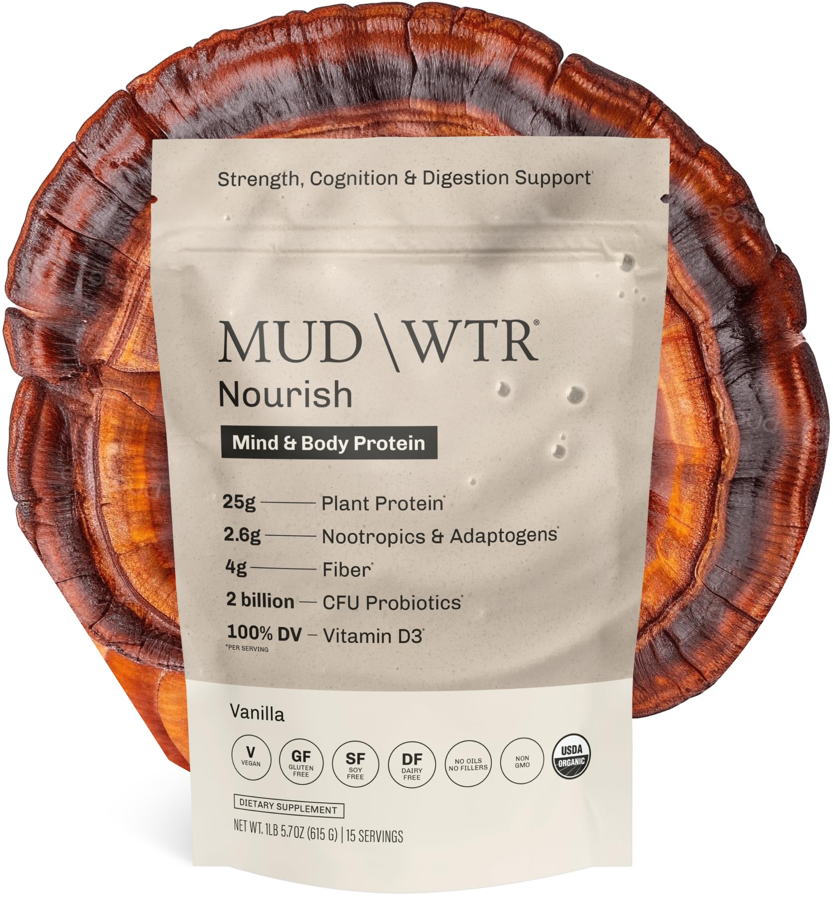 MUDWTR Nourish vanilla protein can with 25g plant protein for steady energy