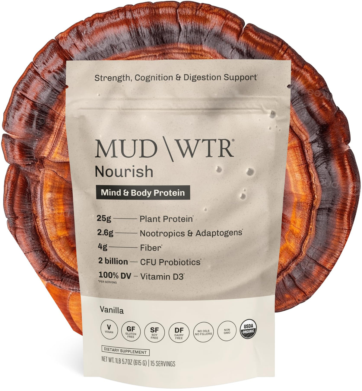 MUDWTR Nourish vanilla protein can with 25g plant protein for steady energy