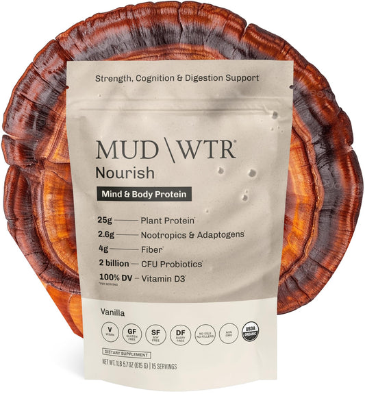MUDWTR Nourish vanilla protein can with 25g plant protein for steady energy