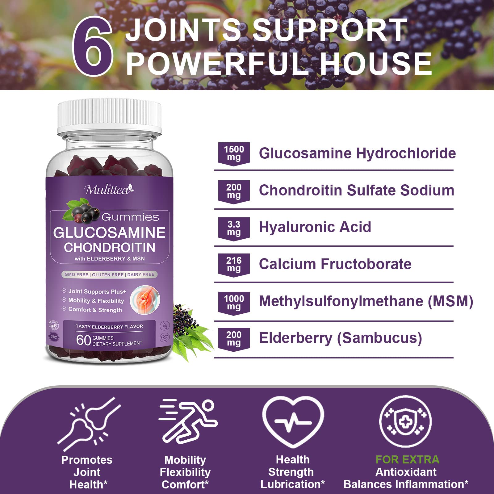 Mulittea gummies close-up emphasizes berry flavor and natural formula for joint wellness.