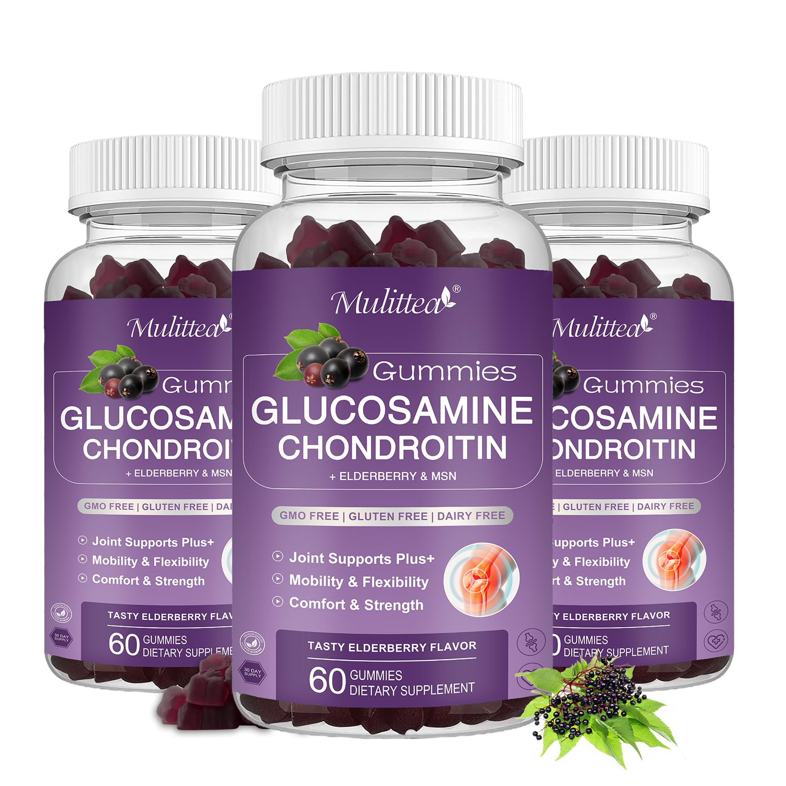 Mulittea glucosamine chondroitin gummies bottle shows convenient daily joint support.