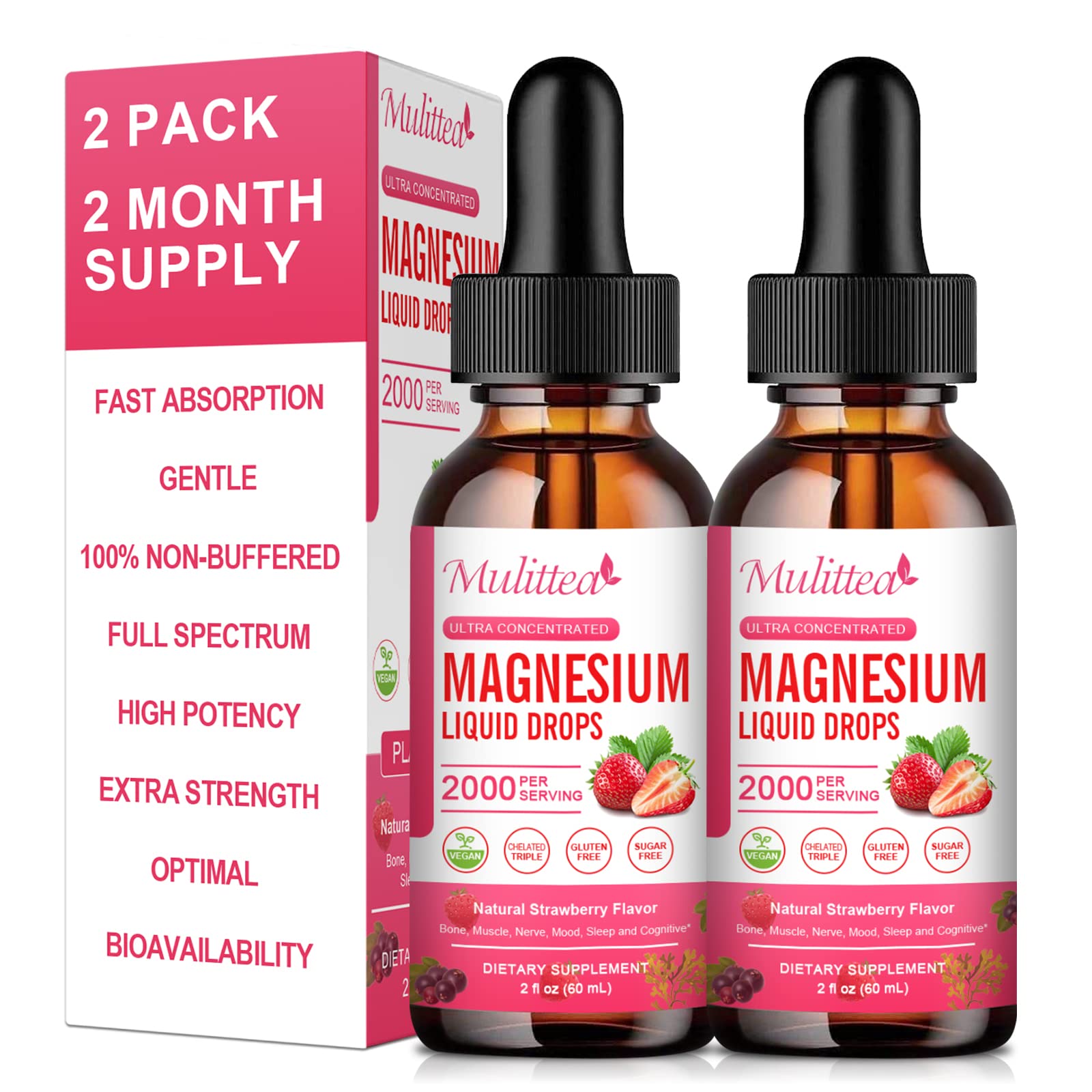 Mulittea Magnesium Glycinate Liquid bottle shows a sugar-free vegan formula for daily wellness.