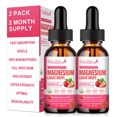 Mulittea Magnesium Glycinate Liquid bottle shows a sugar-free vegan formula for daily wellness.