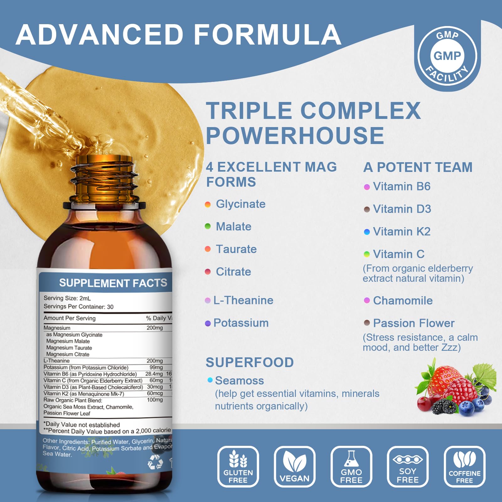 Mulittea magnesium glycinate liquid with pour-friendly dropper