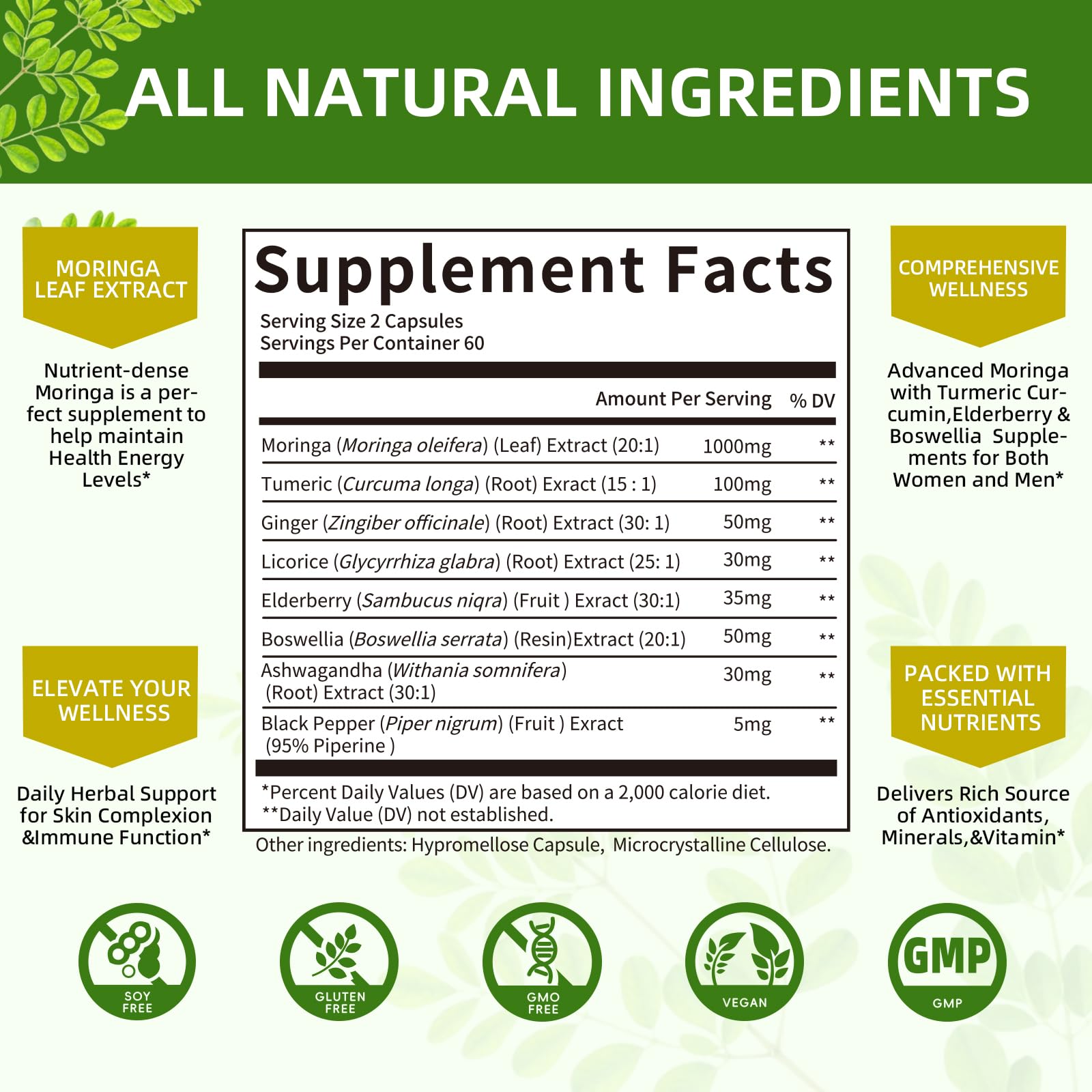 Mulittea Moringa capsules ingredients panel listing key components
