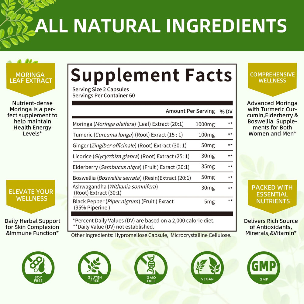 Mulittea Moringa capsules ingredients panel listing key components