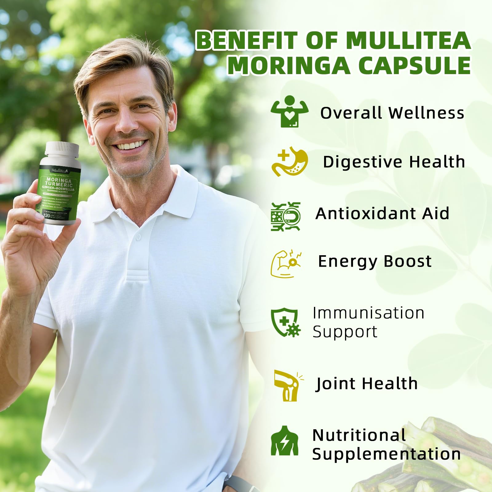 Mulittea Moringa capsules label closeup with ingredients
