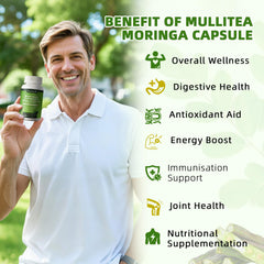 Mulittea Moringa capsules label closeup with ingredients